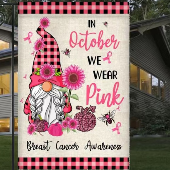 NIP Gnome October Breast Cancer Awareness Garden Flag 18x12 Double Sided Burlap - Picture 2 of 3